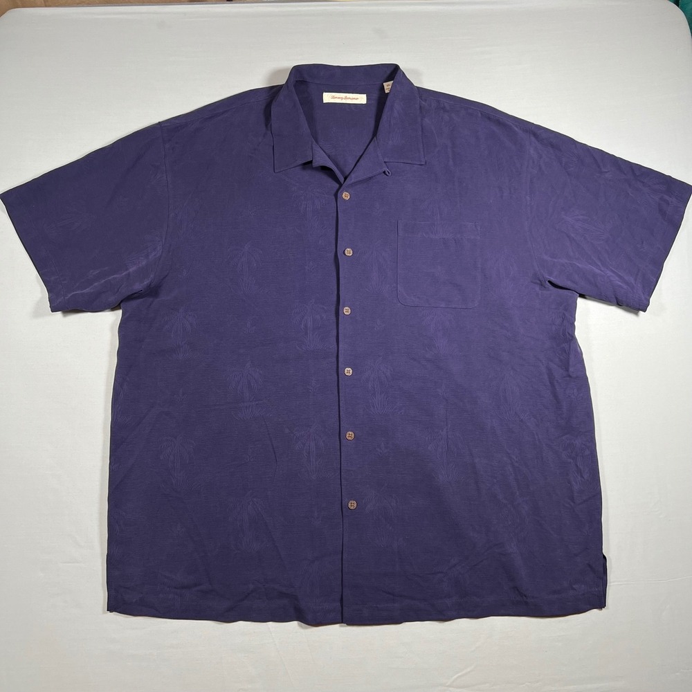 Tommy Bahama Camp Loop Collar Shirt Mens XXL Purple 100% Silk Palm Tree Jacquard
